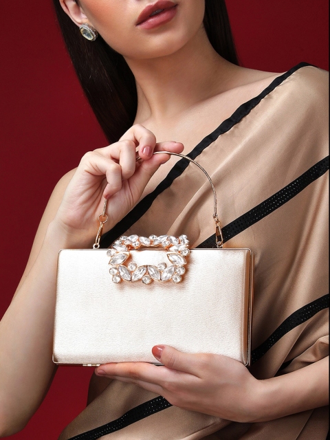 

Rubans Cream-Coloured & White Textured Embroidered Box Clutch