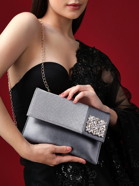 

Rubans Embellished Envelope Clutch, Grey