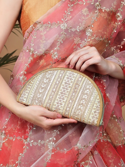 

Rubans Embroidered Half Moon Clutch, Gold