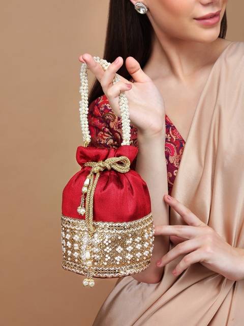 

Rubans Red & Gold-Toned Embroidered Potli Clutch