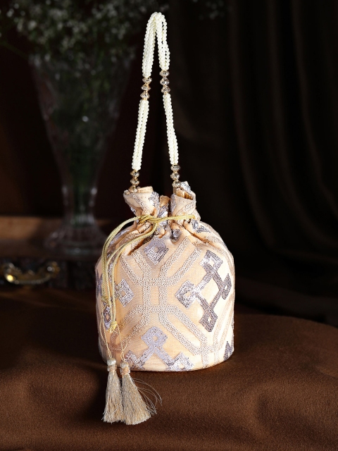 

Rubans Cream-Coloured & White Embroidered Potli Clutch