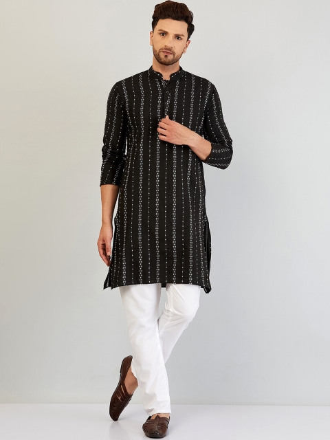 

Armaan Ethnic Men Black Striped Angrakha Thread Work Kurta with Pyjamas