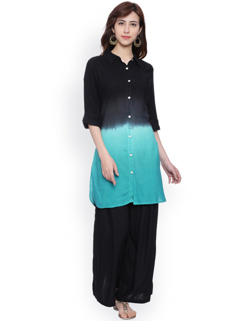 

Evam Women Black & Teal Blue Dyed A-Line Kurta
