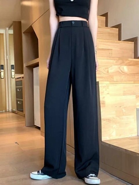 

BROADSTAR Women Black Relaxed Straight Leg Loose Fit High-Rise Easy Wash Pleated Trousers