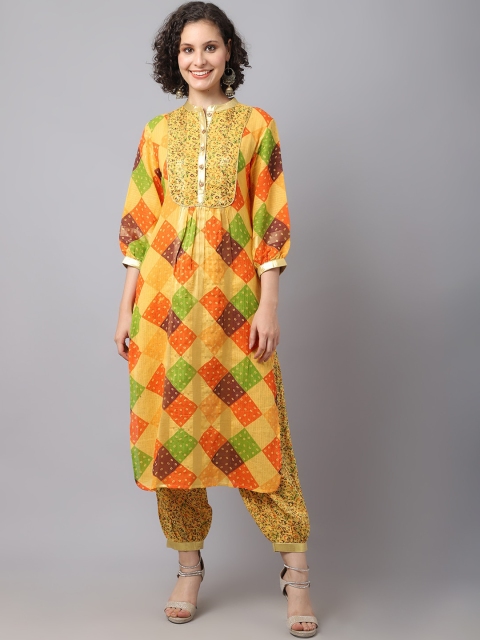 

Tulsattva Women Yellow & Green Geometric Printed Cotton Kurta