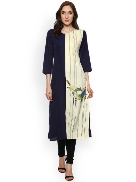 

Bhama Couture Women Navy Blue & Off-White Printed Straight Kurta