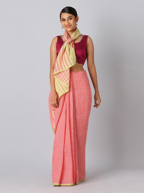 

Taneira Pink & Gold-Toned Striped Zari Linen Blend Saree