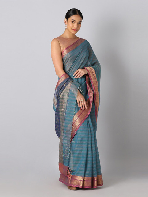 

Taneira Blue & Orange Striped Zari Silk Cotton Maheshwari Saree
