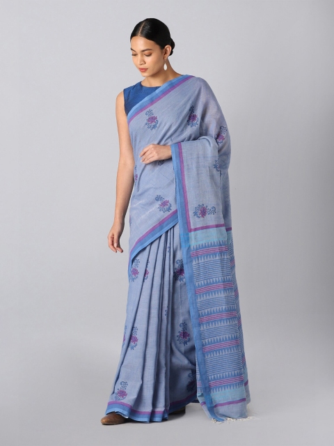 

Taneira Blue & Purple Floral Pure Cotton Block Print Saree