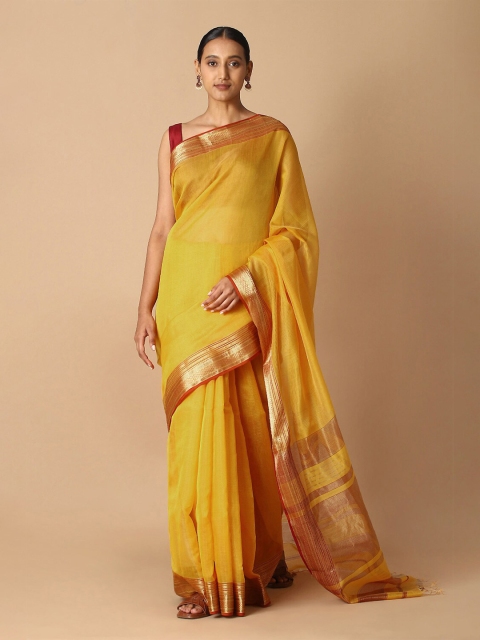 

Taneira Yellow & Red Zari Tissue Maheshwari Saree