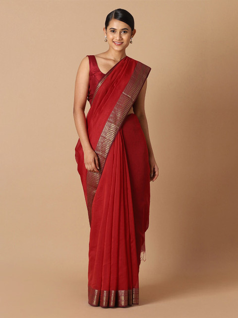 

Taneira Red & Gold-Toned Zari Silk Cotton Maheshwari Saree