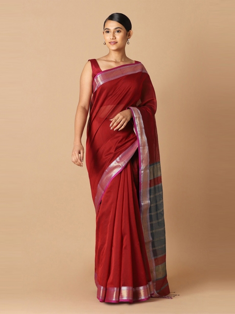 

Taneira Red & Green Zari Silk Cotton Maheshwari Saree