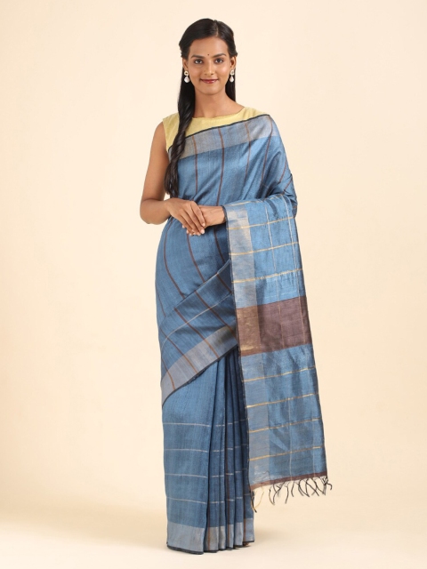 

Taneira Blue & Gold-Toned Striped Zari Pure Silk Bhagalpuri Saree
