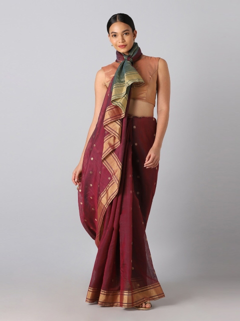 

Taneira Red & Green Ethnic Motifs Zari Silk Cotton Chanderi Saree