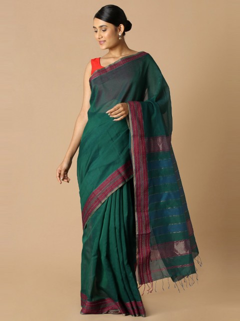 

Taneira Green & Blue Zari Silk Cotton Maheshwari Saree