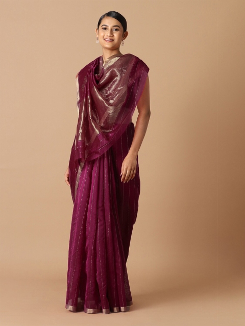 

Taneira Pink & Gold-Toned Striped Zari Silk Cotton Chanderi Saree