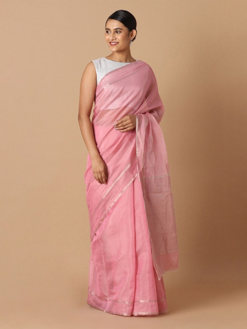 

Taneira Pink & Silver-Toned Zari Tissue Chanderi Saree