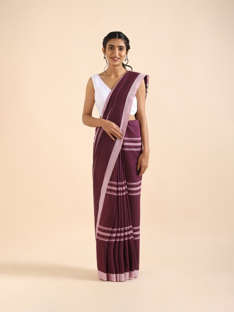 

Taneira Black & Silver-Toned Striped Zari Pure Cotton Saree