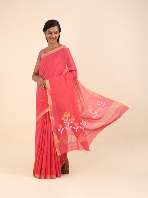 

Taneira Pink & White Floral Zari Pure Cotton Jamdani Saree
