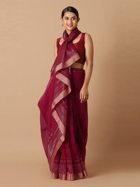 

Taneira Red & Gold-Toned Zari Pure Cotton Jamdani Saree