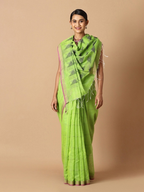 

Taneira Green & Pink Striped Zari Pure Cotton Saree