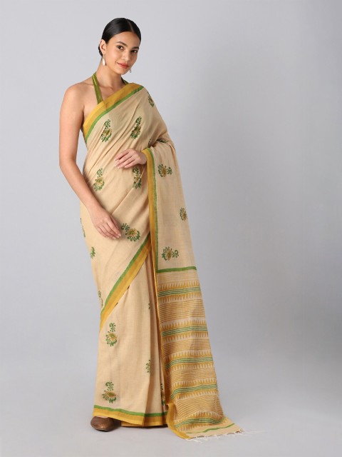 

Taneira Brown & Green Floral Pure Cotton Block Print Saree