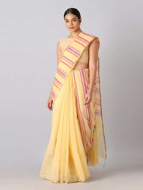 

Taneira Yellow & Pink Striped Zari Pure Cotton Jamdani Saree