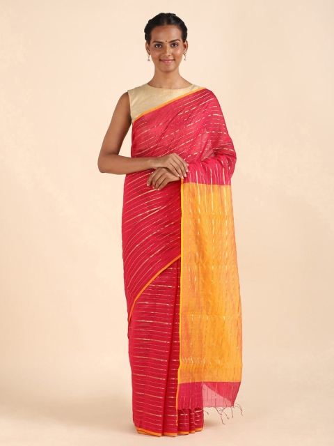 

Taneira Pink & Gold-Toned Striped Zari Silk Cotton Maheshwari Saree