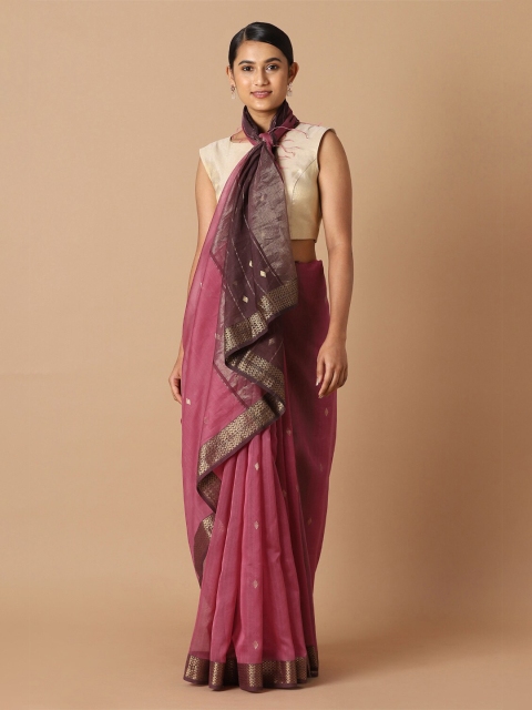 

Taneira Pink & Gold-Toned Ethnic Motifs Zari Silk Cotton Maheshwari Saree