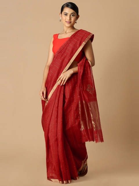 

Taneira Red & Gold-Toned Striped Zari Silk Cotton Chanderi Saree