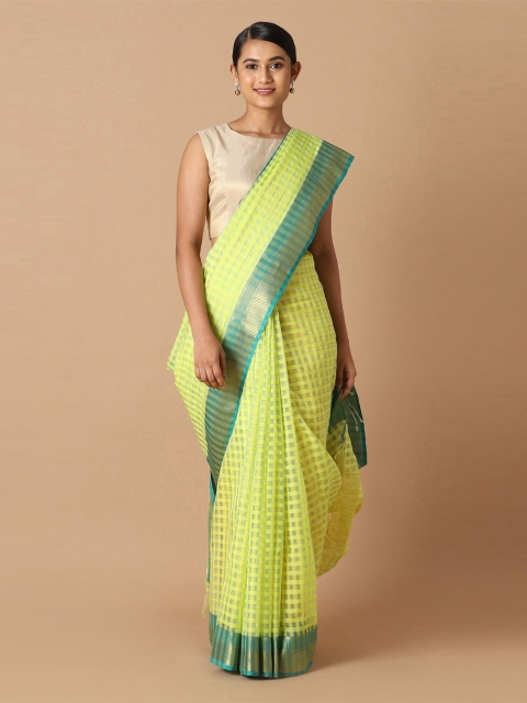 

Taneira Yellow & Green Checked Zari Silk Cotton Maheshwari Saree