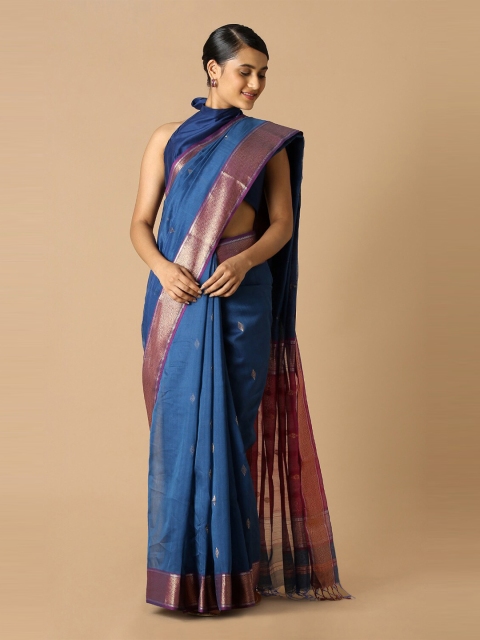 

Taneira Blue & Gold-Toned Ethnic Motifs Zari Silk Cotton Maheshwari Saree