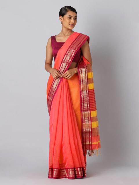 

Taneira Pink & Gold-Toned Zari Silk Cotton Maheshwari Saree
