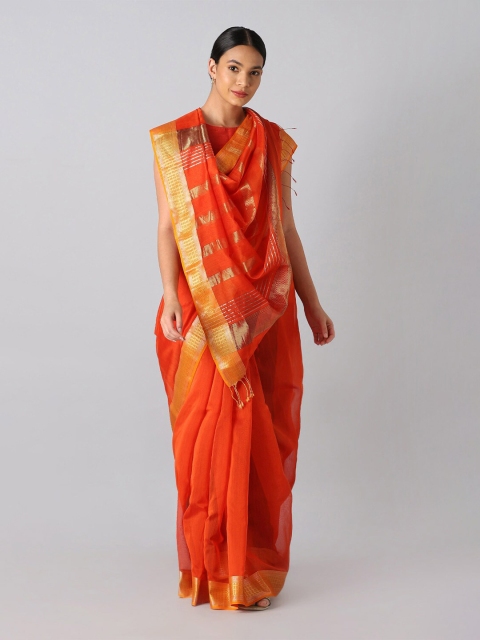 

Taneira Orange & Yellow Zari Silk Cotton Maheshwari Saree