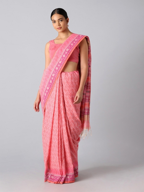 

Taneira Orange & Pink Floral Pure Cotton Block Print Saree