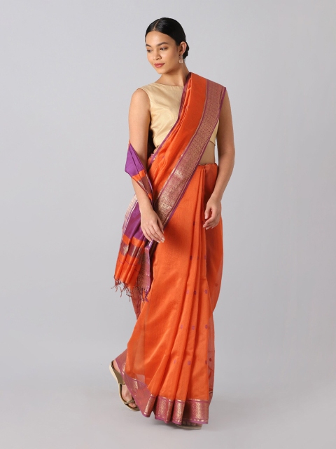 

Taneira Orange & Mauve Ethnic Motifs Zari Silk Cotton Maheshwari Saree