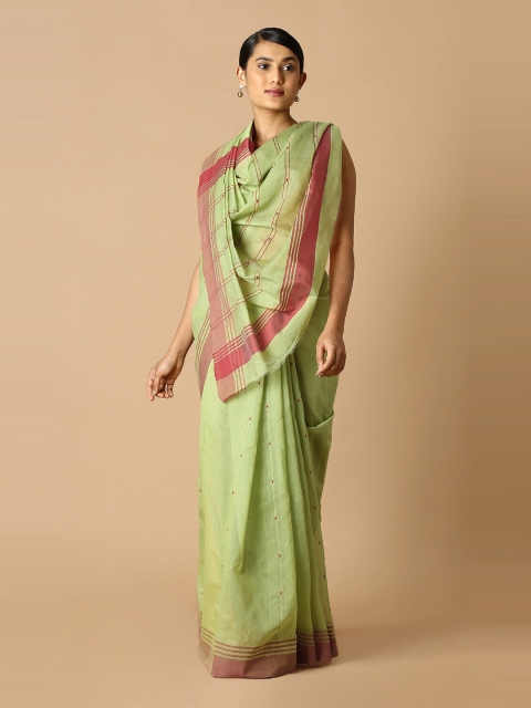 

Taneira Green & Rust Ethnic Motifs Silk Cotton Chanderi Saree