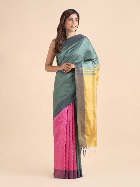 

Taneira Green & Yellow Colourblocked Zari Pure Silk Bhagalpuri Saree