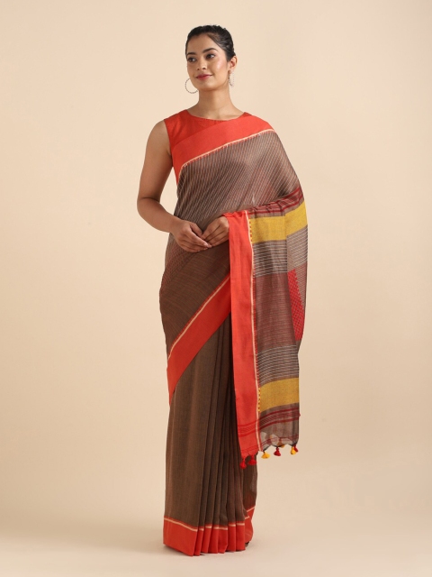 

Taneira Brown & Yellow Striped Zari Pure Cotton Saree