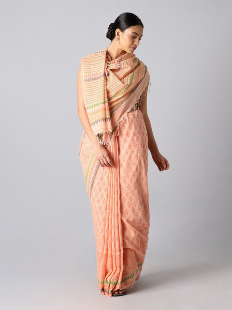 

Taneira Orange & Green Floral Pure Cotton Block Print Saree