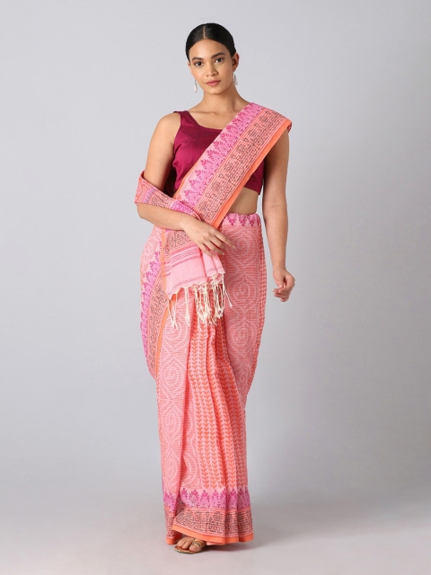 

Taneira Pink & Grey Ethnic Motifs Pure Cotton Block Print Saree