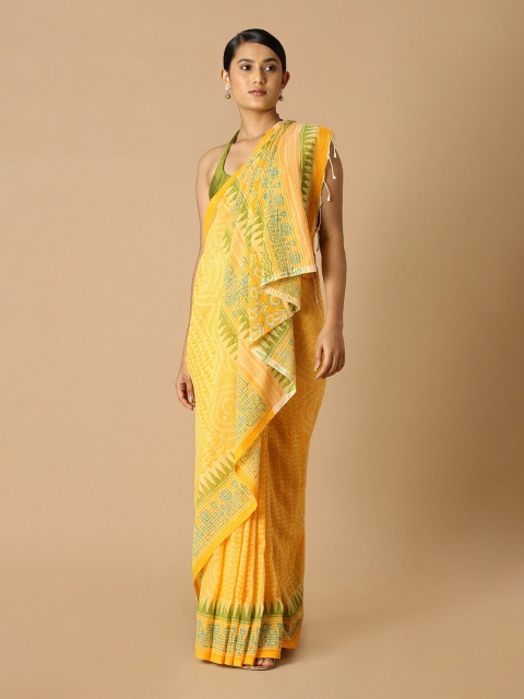 

Taneira Yellow & Green Floral Pure Cotton Block Print Saree