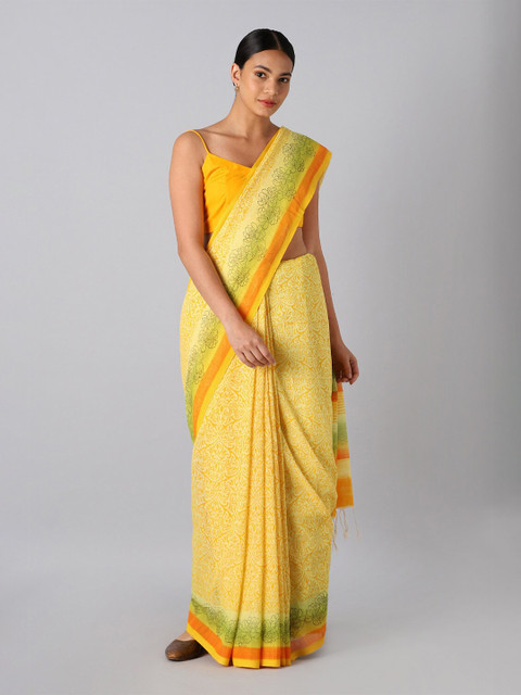 

Taneira Yellow & Orange Ethnic Motifs Pure Cotton Block Print Saree