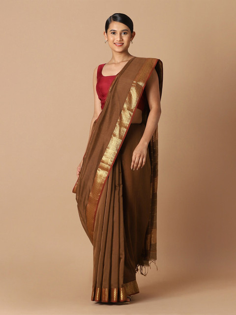 

Taneira Brown & Maroon Zari Silk Cotton Maheshwari Saree
