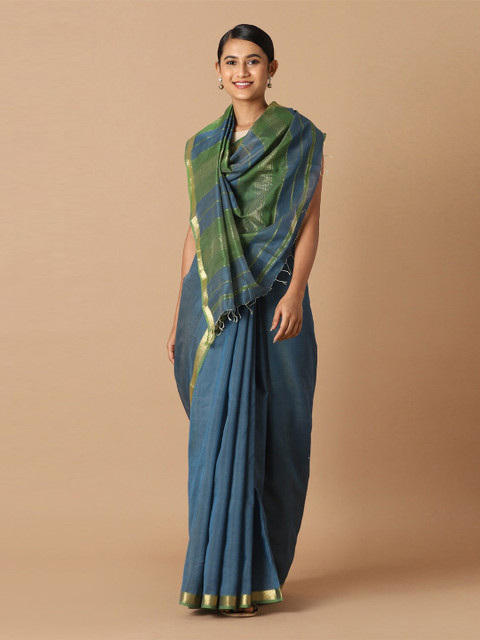 

Taneira Blue & Gold-Toned Zari Silk Cotton Maheshwari Saree