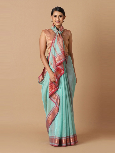 

Taneira Blue & Pink Zari Tissue Maheshwari Saree