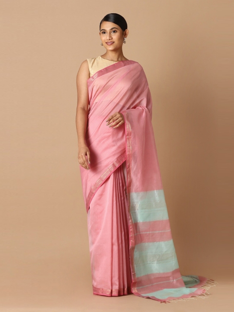 

Taneira Pink & Silver-Toned Zari Silk Cotton Maheshwari Saree