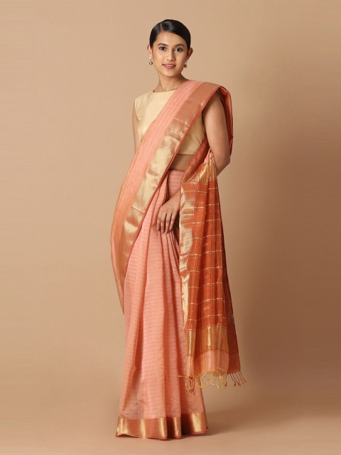 

Taneira Orange & Gold-Toned Striped Zari Silk Cotton Maheshwari Saree