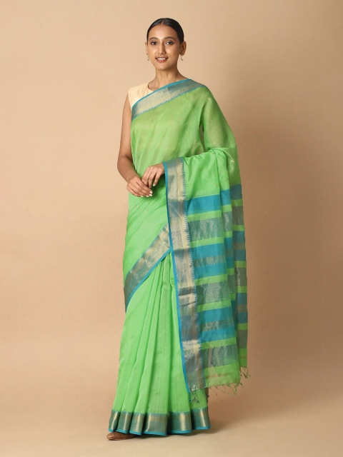 

Taneira Green & Gold-Toned Zari Silk Cotton Maheshwari Saree