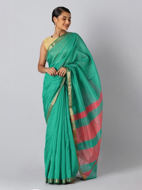 

Taneira Green & Gold-Toned Zari Silk Cotton Maheshwari Saree